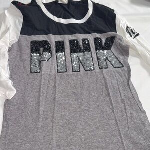 PINK Victoria's Secret Girls' Colorblock Sequin Logo Top - Black, Gray & White